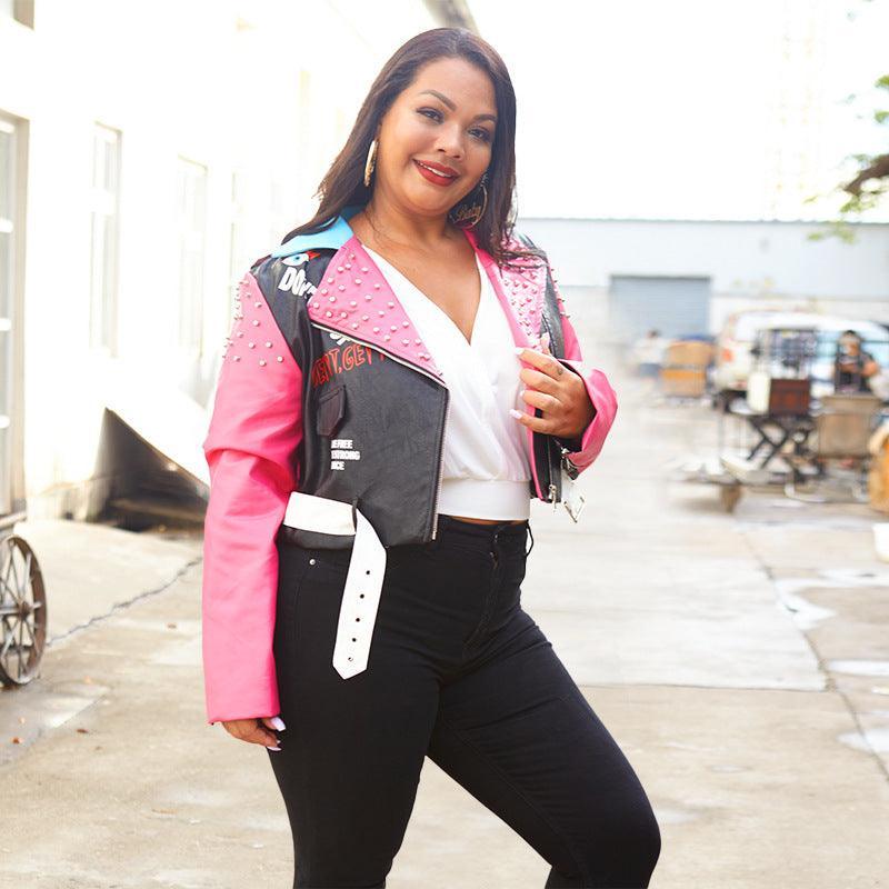 Molly Plus Size Cool Leather Rivet Printing Collared Contrast Jacket - Vestir en Moda