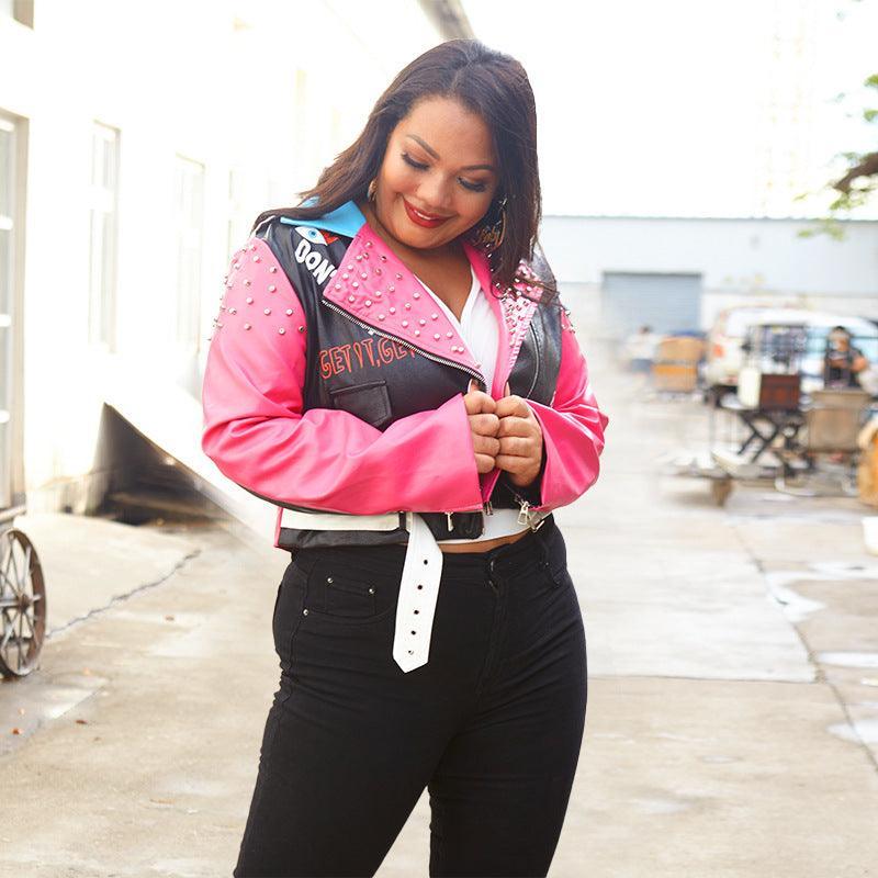 Molly Plus Size Cool Leather Rivet Printing Collared Contrast Jacket - Vestir en Moda