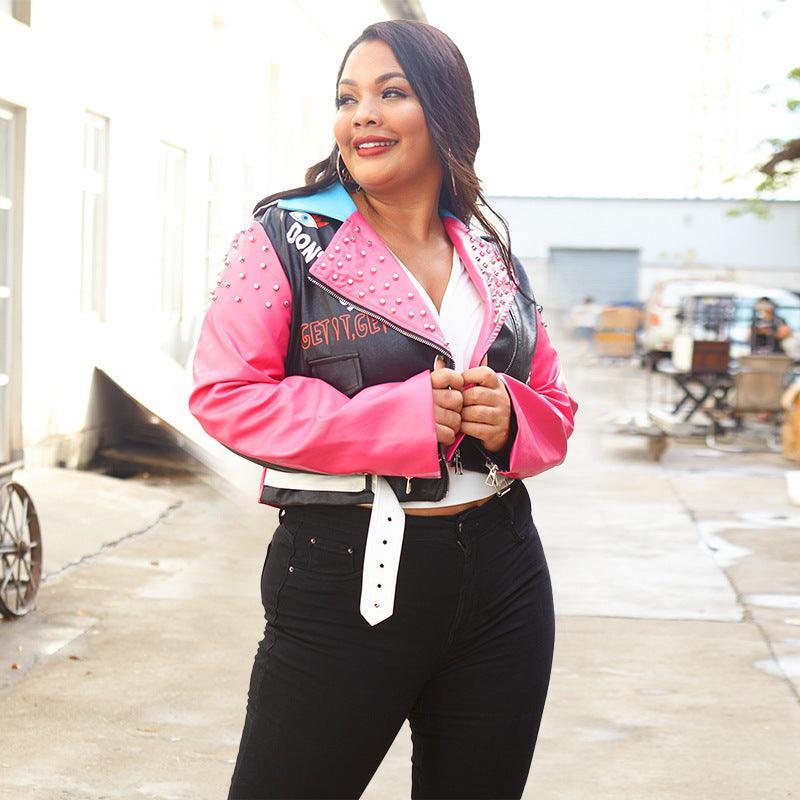 Molly Plus Size Cool Leather Rivet Printing Collared Contrast Jacket - Vestir en Moda