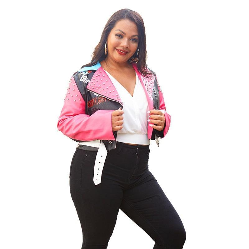 Molly Plus Size Cool Leather Rivet Printing Collared Contrast Jacket - Vestir en Moda
