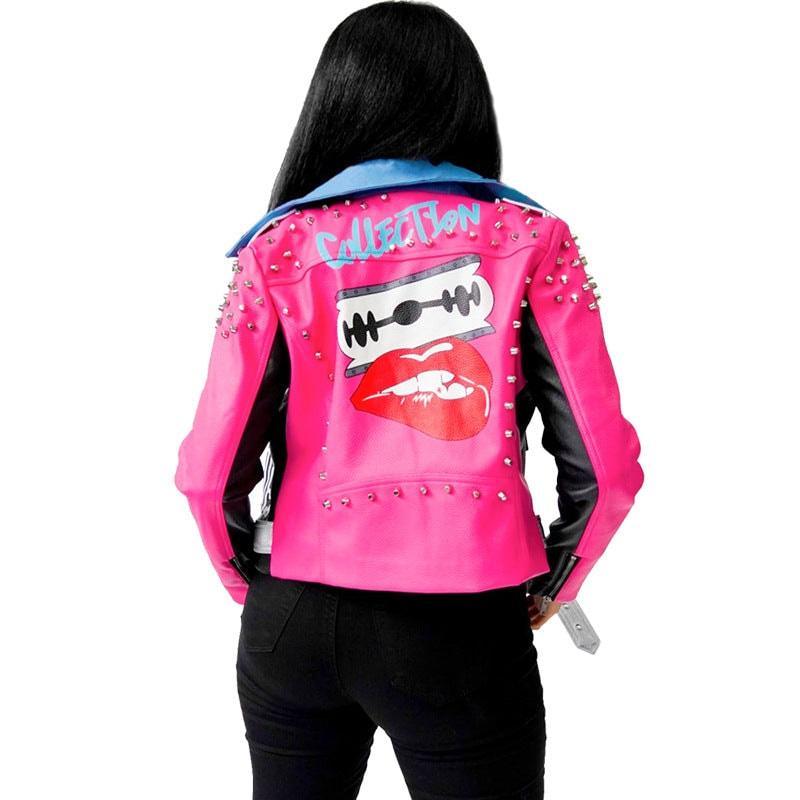 Molly Plus Size Cool Leather Rivet Printing Collared Contrast Jacket - Vestir en Moda