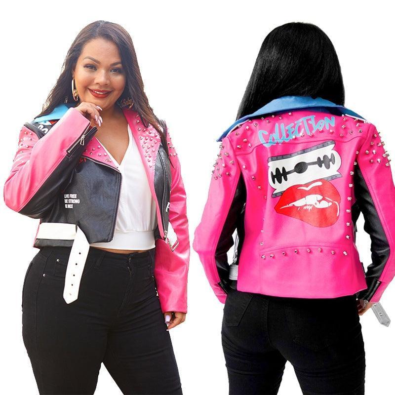 Molly Plus Size Cool Leather Rivet Printing Collared Contrast Jacket - Vestir en Moda