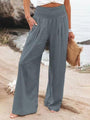 Monroe Solid Smocked Waist Side Seam Pockets Wide Leg Pants - Vestir en Moda