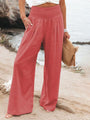 Monroe Solid Smocked Waist Side Seam Pockets Wide Leg Pants - Vestir en Moda