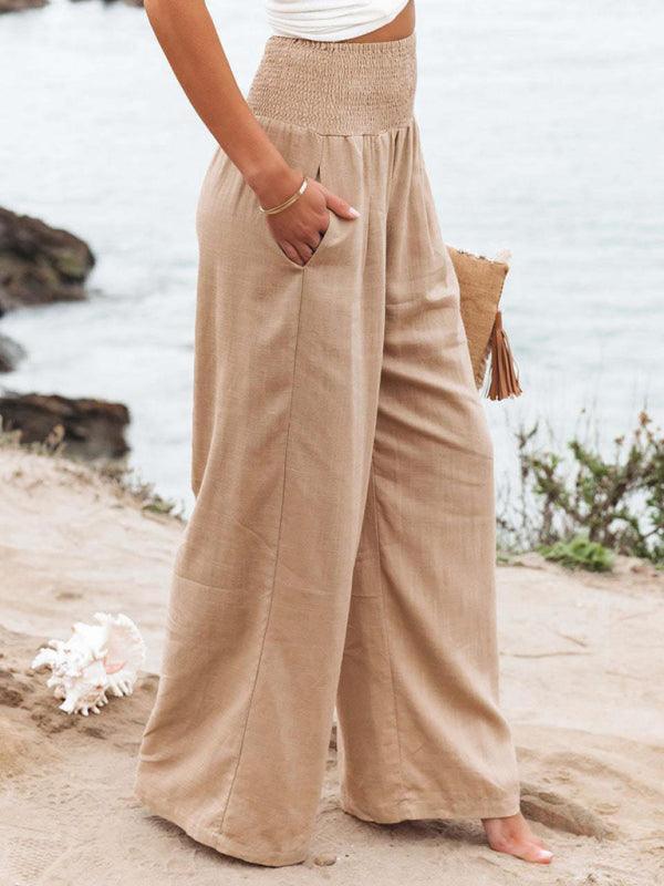 Monroe Solid Smocked Waist Side Seam Pockets Wide Leg Pants - Vestir en Moda