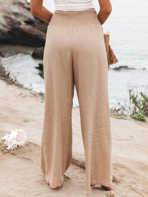 Monroe Solid Smocked Waist Side Seam Pockets Wide Leg Pants - Vestir en Moda