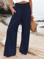 Monroe Solid Smocked Waist Side Seam Pockets Wide Leg Pants - Vestir en Moda