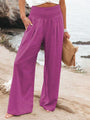 Monroe Solid Smocked Waist Side Seam Pockets Wide Leg Pants - Vestir en Moda
