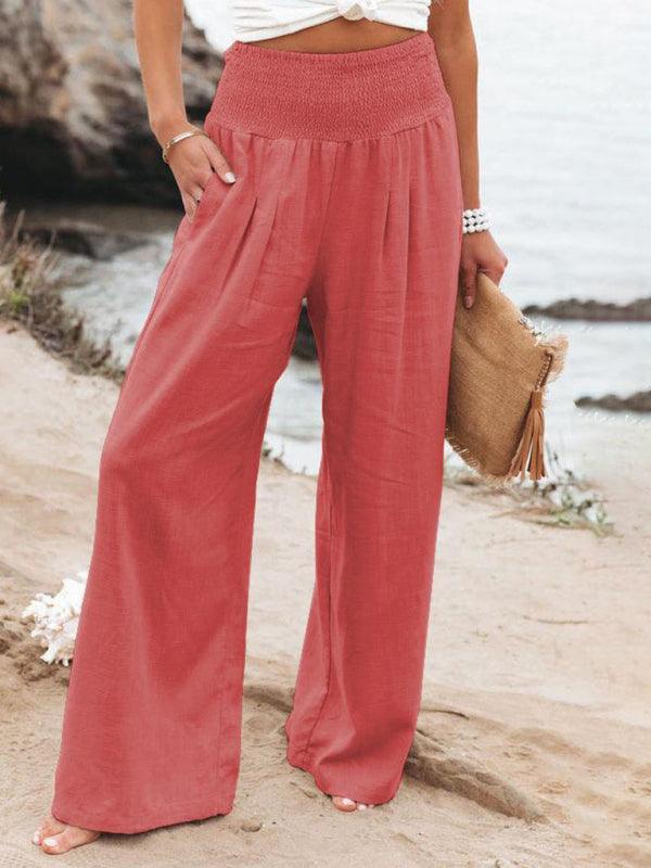 Monroe Solid Smocked Waist Side Seam Pockets Wide Leg Pants - Vestir en Moda