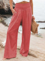 Monroe Solid Smocked Waist Side Seam Pockets Wide Leg Pants - Vestir en Moda
