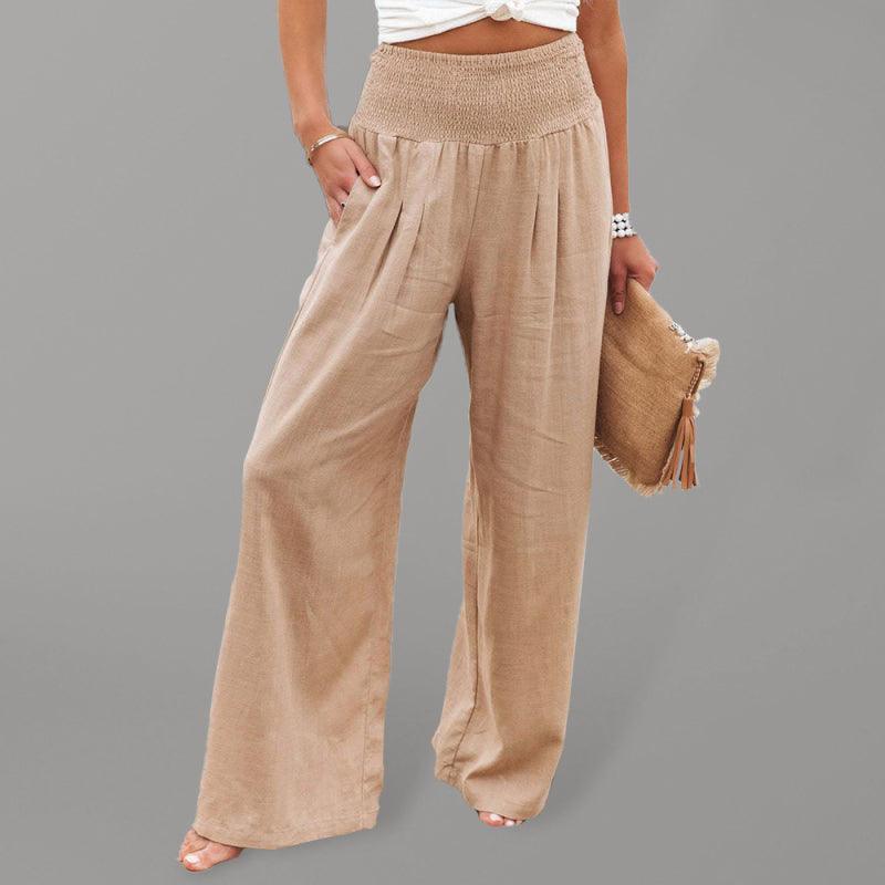 Monroe Solid Smocked Waist Side Seam Pockets Wide Leg Pants - Vestir en Moda