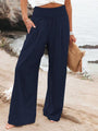 Monroe Solid Smocked Waist Side Seam Pockets Wide Leg Pants - Vestir en Moda