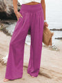 Monroe Solid Smocked Waist Side Seam Pockets Wide Leg Pants - Vestir en Moda
