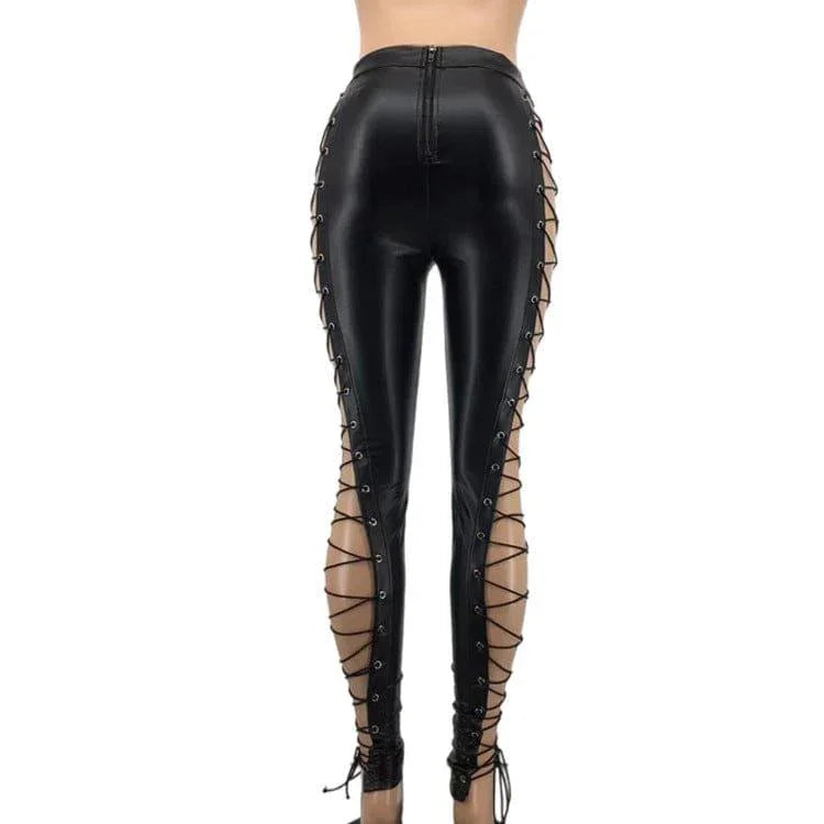 Morgan Black Casual Slim Criss Cross Strap Trousers Lace Up Pants - Vestir en Moda