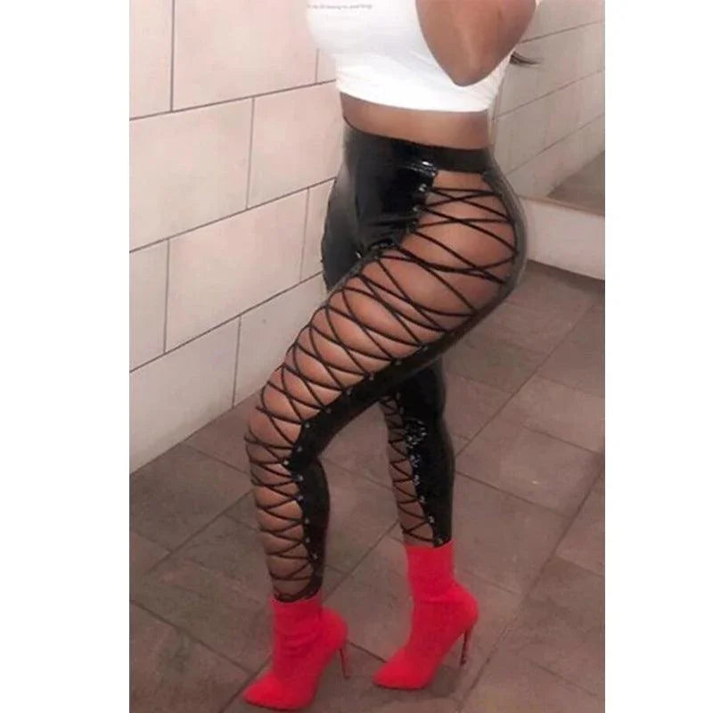 Morgan Black Casual Slim Criss Cross Strap Trousers Lace Up Pants - Vestir en Moda