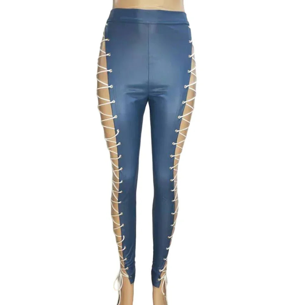 Morgan Black Casual Slim Criss Cross Strap Trousers Lace Up Pants - Vestir en Moda