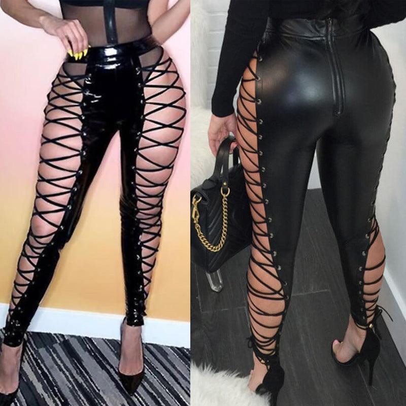 Morgan Black Casual Slim Criss Cross Strap Trousers Lace Up Pants - Vestir en Moda
