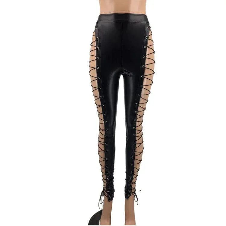 Morgan Black Casual Slim Criss Cross Strap Trousers Lace Up Pants - Vestir en Moda
