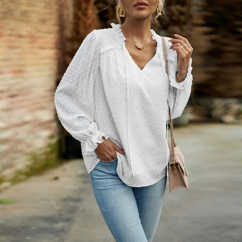 Dennie Temperament and elegant v-neck knotted long-sleeved top blouse
