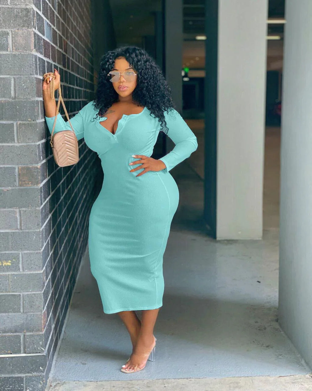 Nadia Plus Size Sexy Solid Color V-Neck Long Sleeve Women Dress - Vestir en Moda