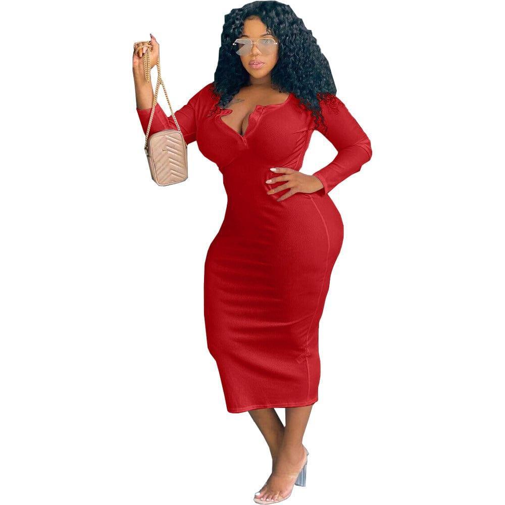 Nadia Plus Size Sexy Solid Color V-Neck Long Sleeve Women Dress - Vestir en Moda