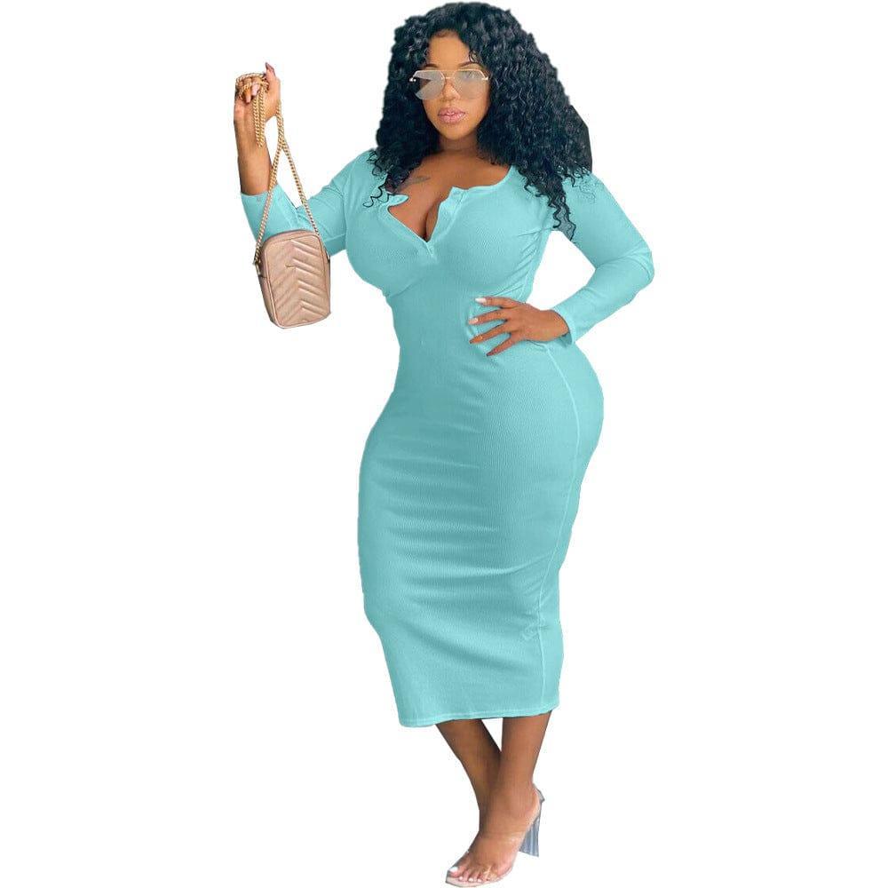 Nadia Plus Size Sexy Solid Color V-Neck Long Sleeve Women Dress - Vestir en Moda