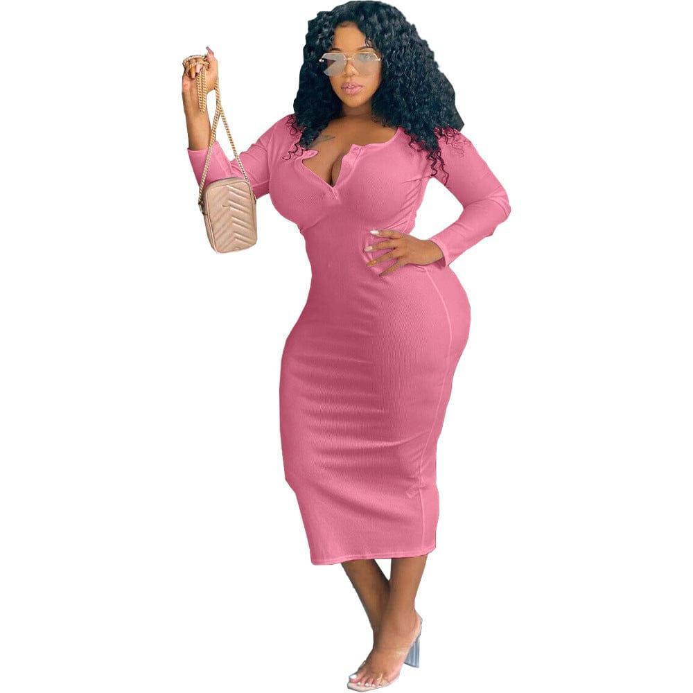 Nadia Plus Size Sexy Solid Color V-Neck Long Sleeve Women Dress - Vestir en Moda