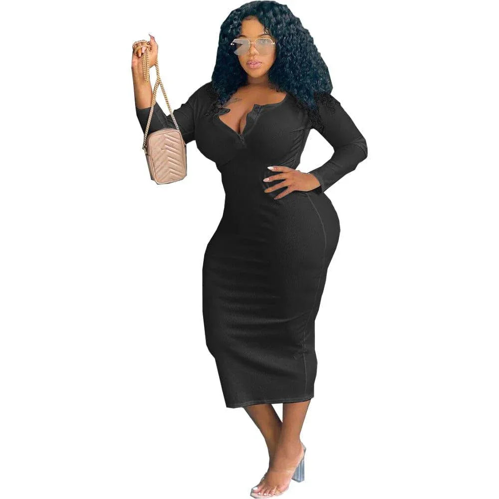 Nadia Plus Size Sexy Solid Color V-Neck Long Sleeve Women Dress - Vestir en Moda
