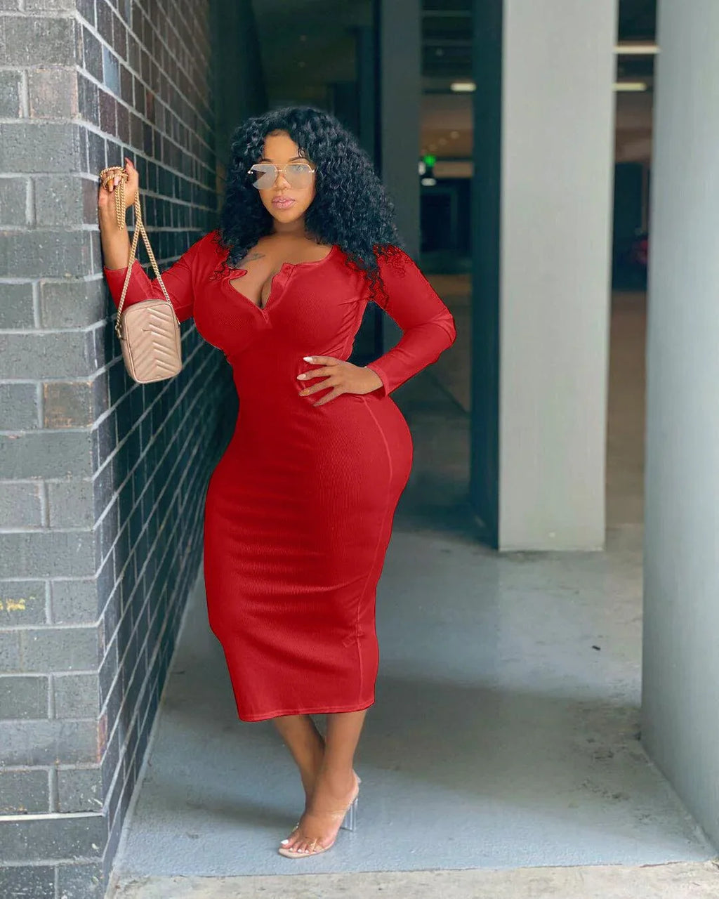 Nadia Plus Size Sexy Solid Color V-Neck Long Sleeve Women Dress - Vestir en Moda