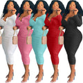 Nadia Plus Size Sexy Solid Color V-Neck Long Sleeve Women Dress - Vestir en Moda