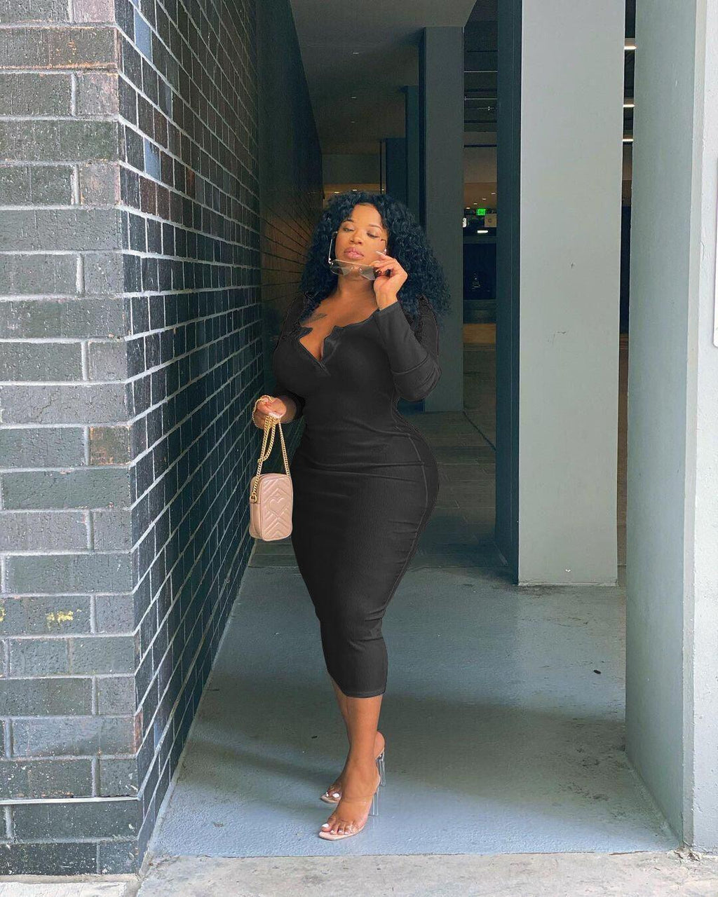 Nadia Plus Size Sexy Solid Color V-Neck Long Sleeve Women Dress - Vestir en Moda