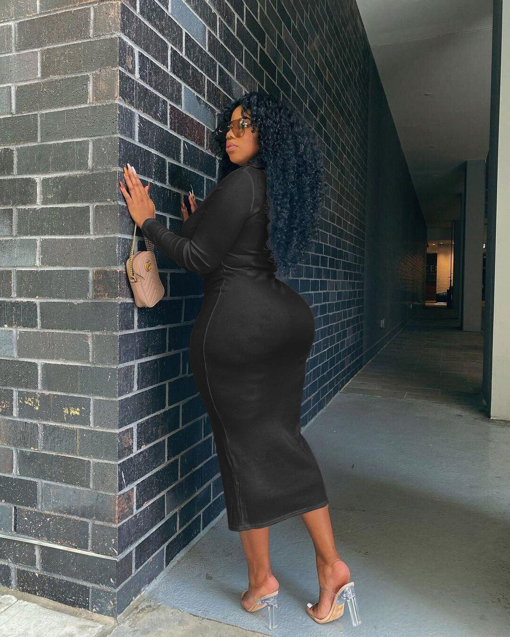 Nadia Plus Size Sexy Solid Color V-Neck Long Sleeve Women Dress - Vestir en Moda