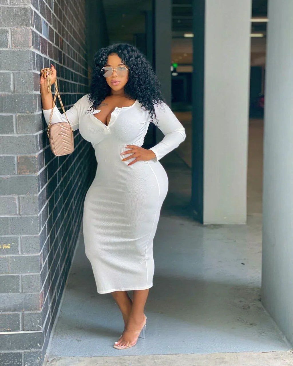 Nadia Plus Size Sexy Solid Color V-Neck Long Sleeve Women Dress - Vestir en Moda