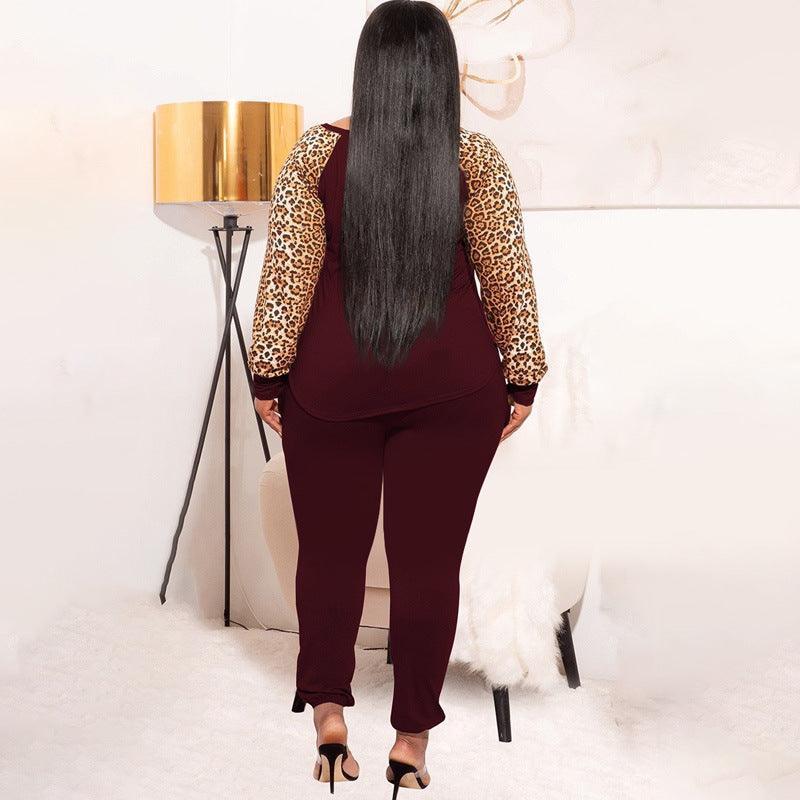 Naomi Plus Size Leopard Print Contrast Color Casual Two-Piece Suit - Vestir en Moda