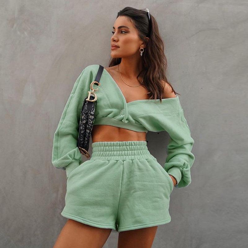 Nayeli Cropped V Neck Off-Shoulder Long-Sleeved Two Piece Set - Vestir en Moda