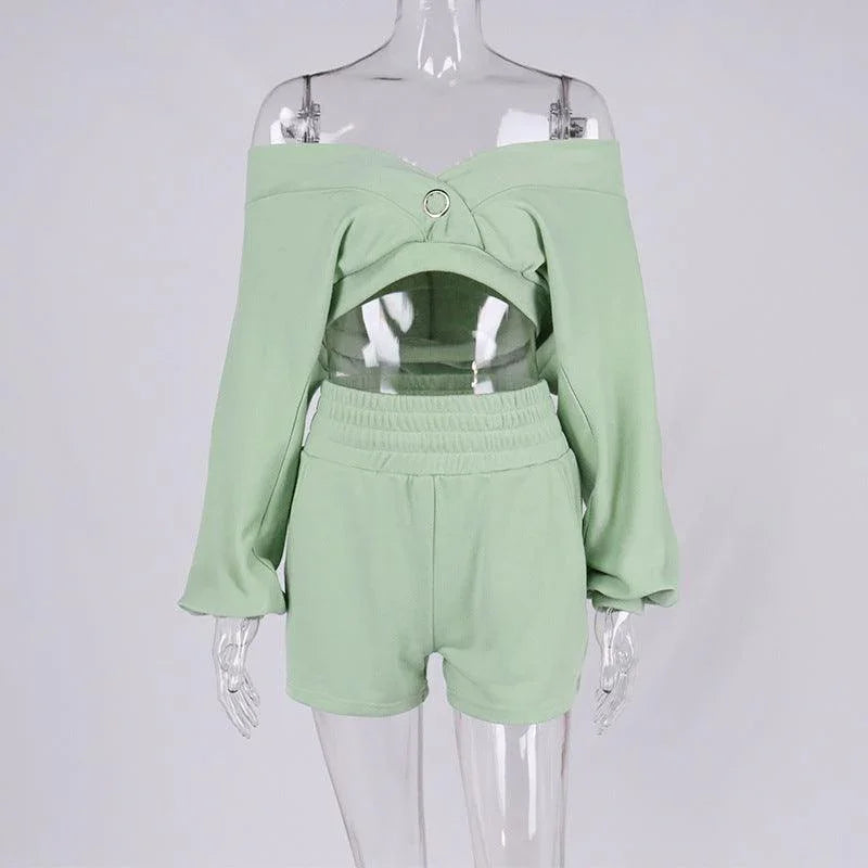 Nayeli Cropped V Neck Off-Shoulder Long-Sleeved Two Piece Set - Vestir en Moda