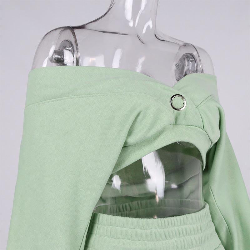 Nayeli Cropped V Neck Off-Shoulder Long-Sleeved Two Piece Set - Vestir en Moda