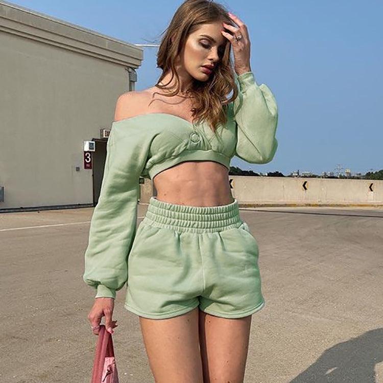 Nayeli Cropped V Neck Off-Shoulder Long-Sleeved Two Piece Set - Vestir en Moda