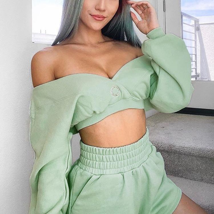 Nayeli Cropped V Neck Off-Shoulder Long-Sleeved Two Piece Set - Vestir en Moda
