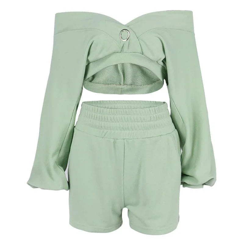 Nayeli Cropped V Neck Off-Shoulder Long-Sleeved Two Piece Set - Vestir en Moda