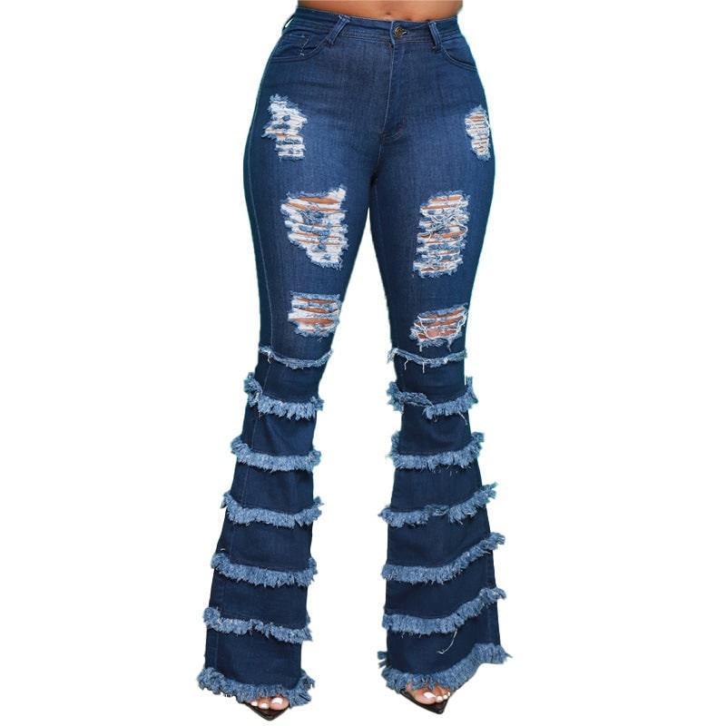 Nevaeh Plus Size Denim Washing Water Ripped Tassel - Vestir en Moda
