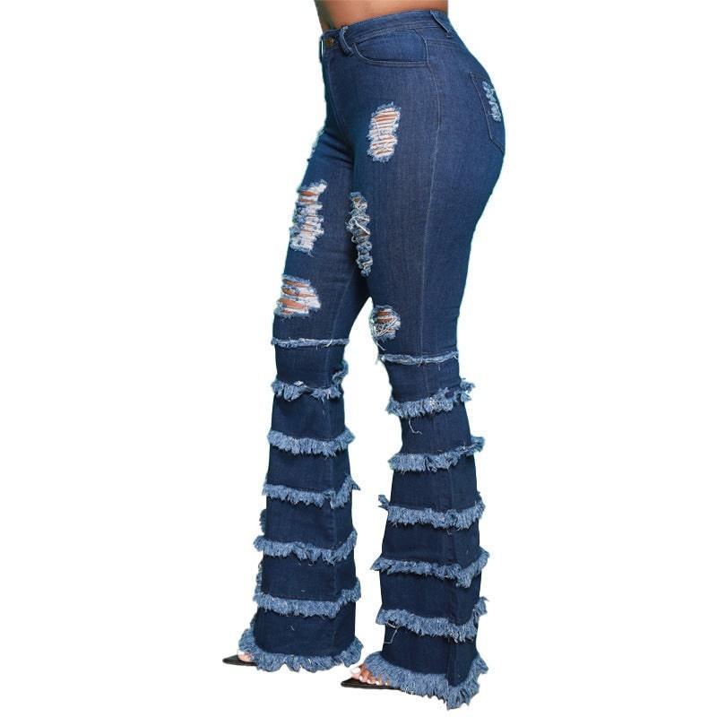 Nevaeh Plus Size Denim Washing Water Ripped Tassel - Vestir en Moda