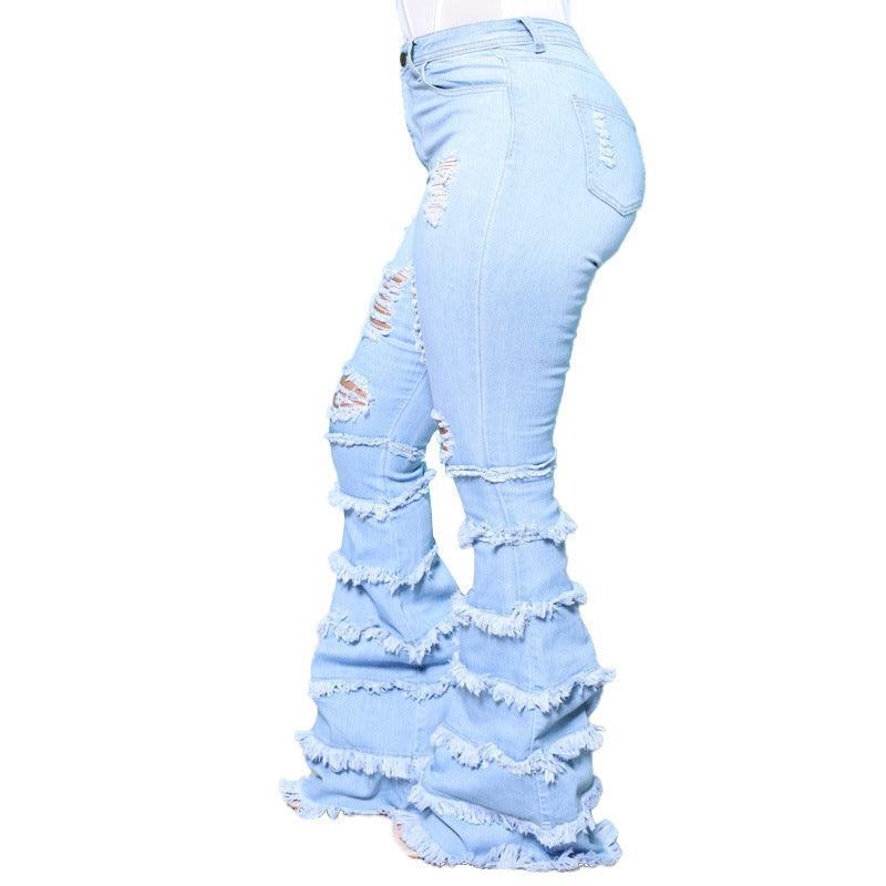 Nevaeh Plus Size Denim Washing Water Ripped Tassel - Vestir en Moda