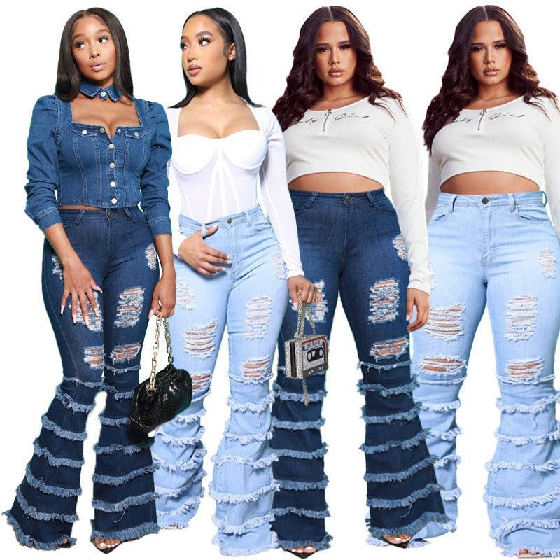 Nevaeh Plus Size Denim Washing Water Ripped Tassel - Vestir en Moda