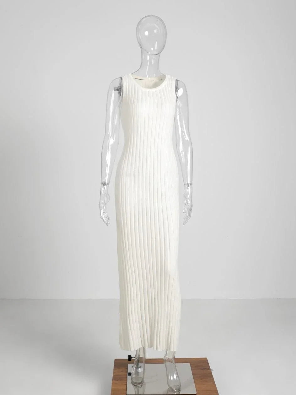 Nia Sleeveless Pleat Round Neck A-line Pit Strip Slim Long Dress - Vestir en Moda