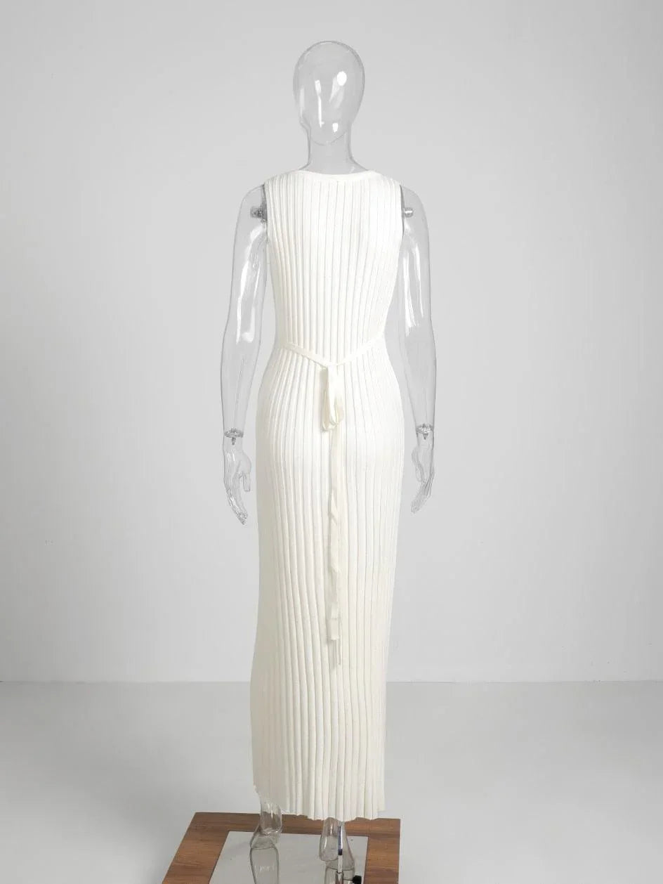 Nia Sleeveless Pleat Round Neck A-line Pit Strip Slim Long Dress - Vestir en Moda
