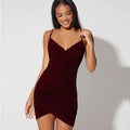 Nittra Sexy V-neck Ruffle Hip Irregular Velvet Spaghetti Straps Dress - Vestir en Moda