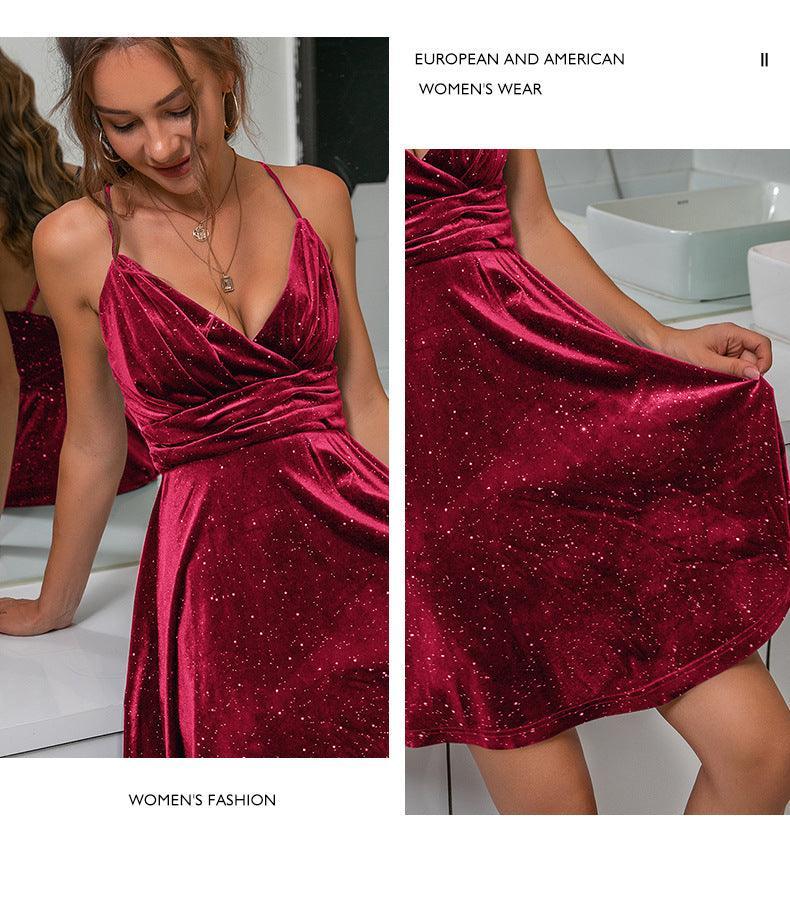 Noa Elegant High End Party Wear Bronzing Velvet Waist Dress - Vestir en Moda