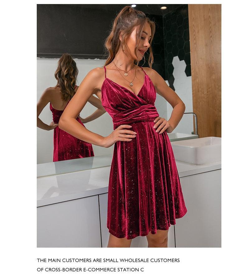 Noa Elegant High End Party Wear Bronzing Velvet Waist Dress - Vestir en Moda