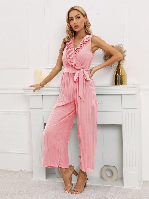 Noelia Women Solid Ruffle Rim Waist Tie Jumpsuits - Vestir en Moda